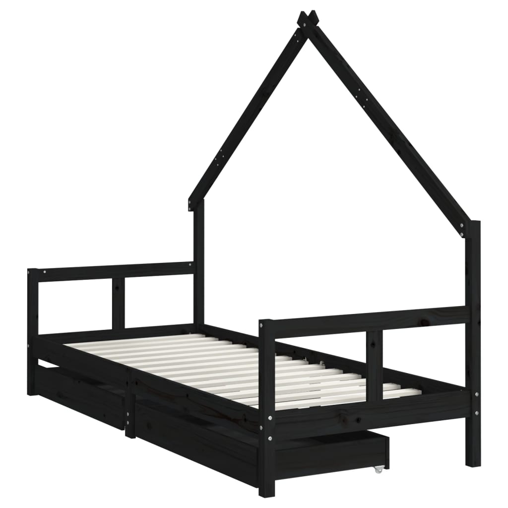 Cadre de lit enfant tiroirs noir 80x200 cm bois de pin massif - XIOS