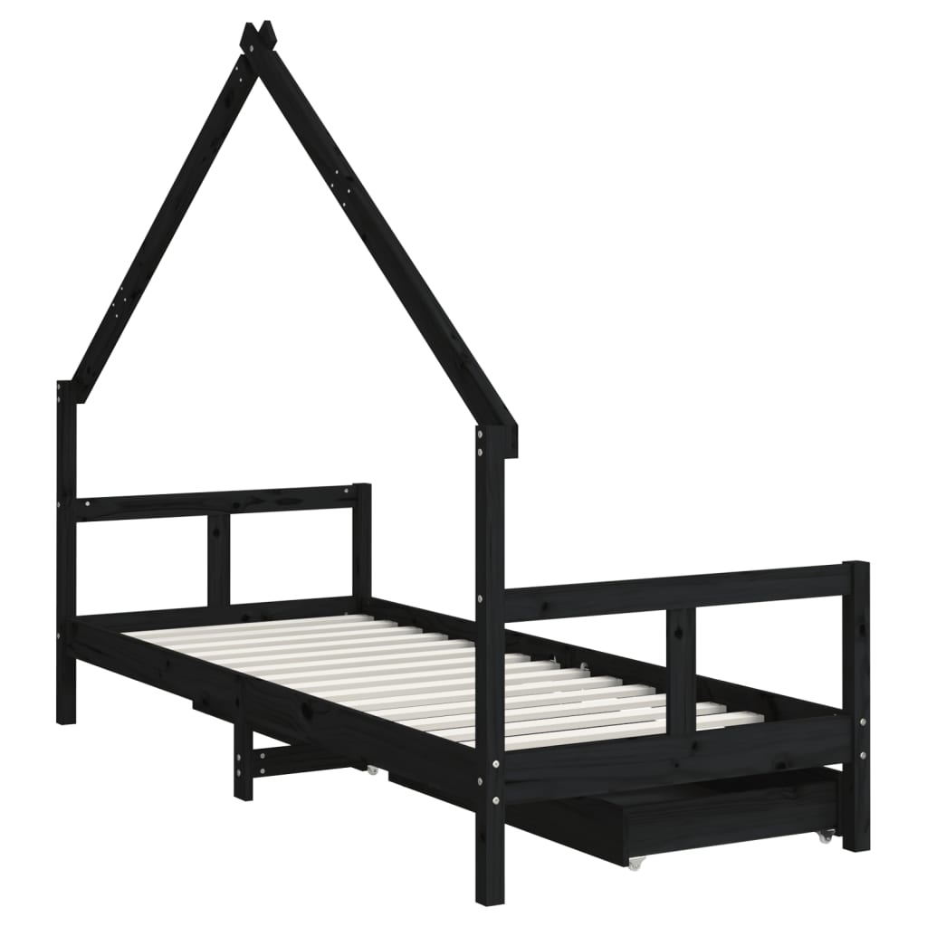 Cadre de lit enfant tiroirs noir 80x200 cm bois de pin massif - XIOS