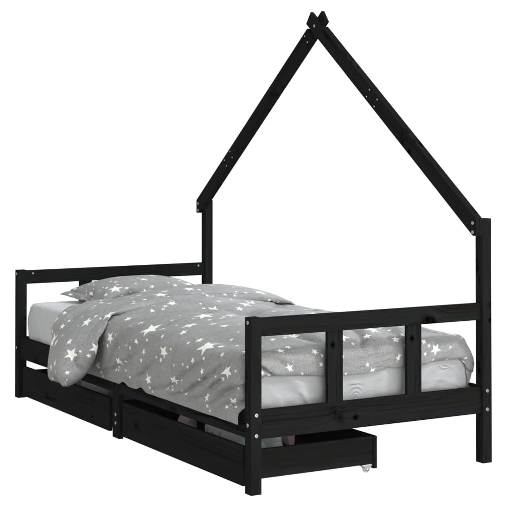 Cadre de lit enfant avec tiroirs noir 90x200 cm bois pin massif - XIOS