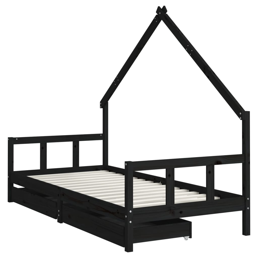 Cadre de lit enfant avec tiroirs noir 90x200 cm bois pin massif - XIOS