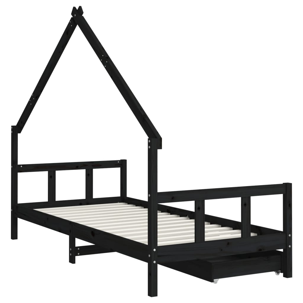 Cadre de lit enfant avec tiroirs noir 90x200 cm bois pin massif - XIOS