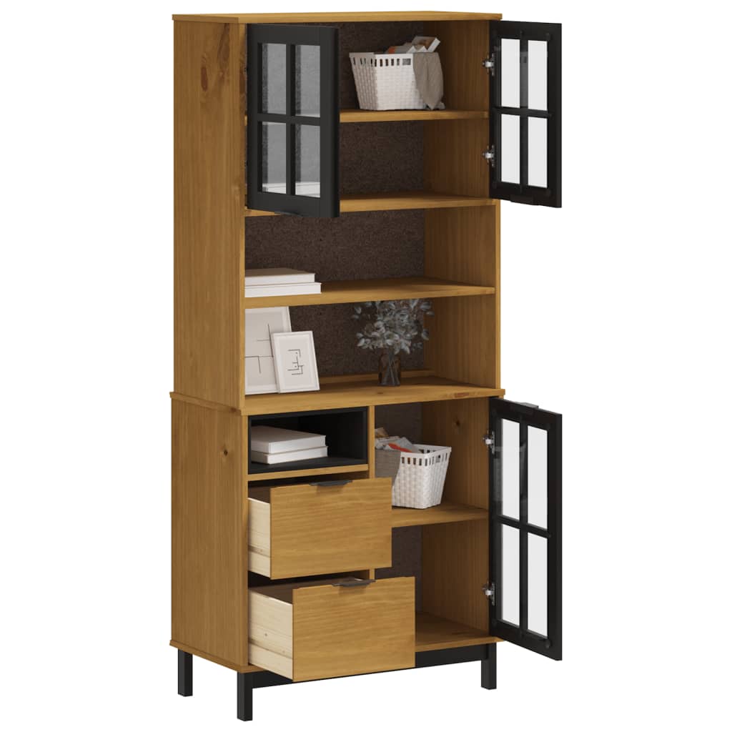 Buffet haut et portes en verre FLAM 80x40x180cm bois massif pin - XIOS