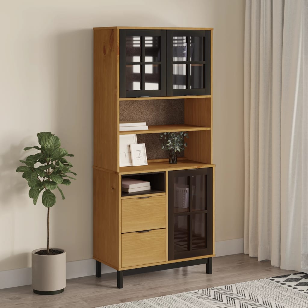 Buffet haut et portes en verre FLAM 80x40x180cm bois massif pin - XIOS