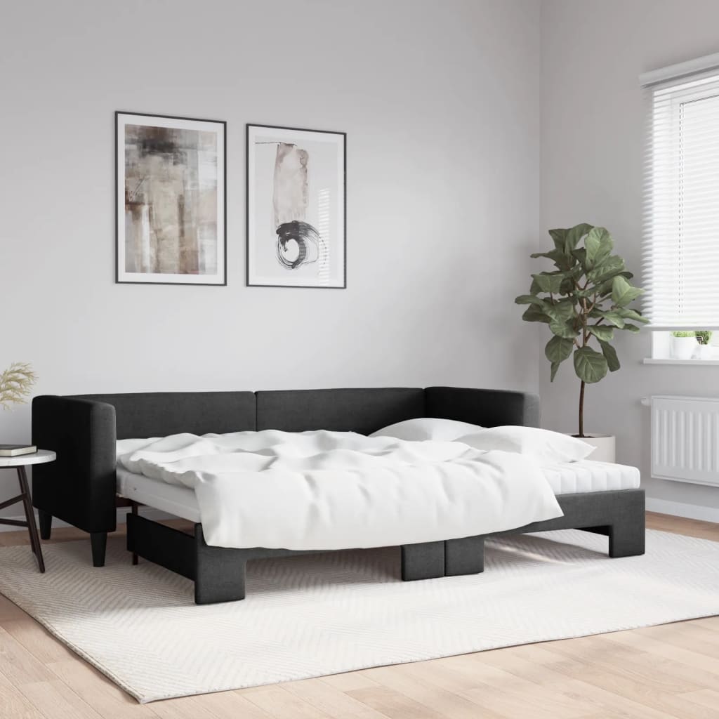 Lit de jour avec lit gigogne et matelas noir 80x200 cm tissu