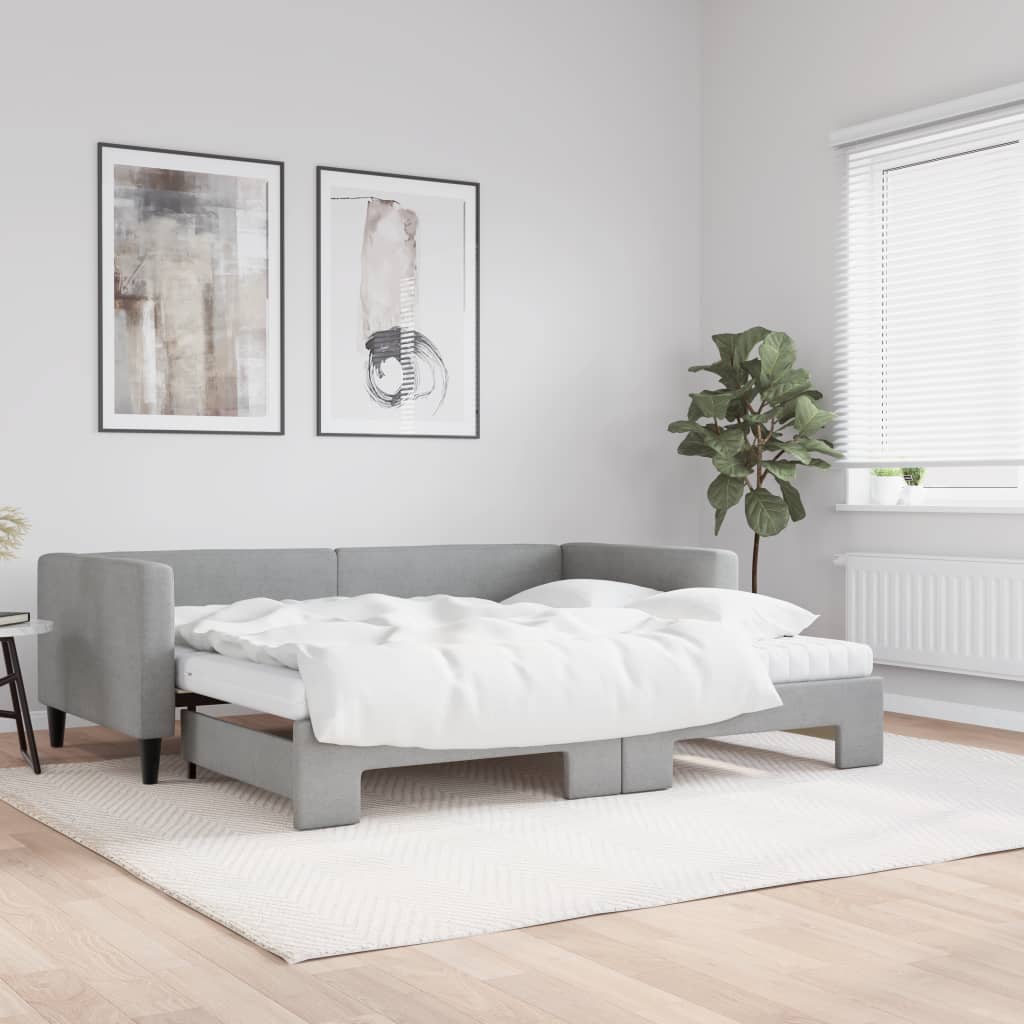 Lit de jour avec gigogne et matelas gris clair 90x200 cm tissu - XIOS