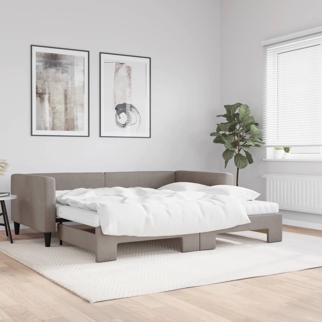 Lit de jour avec gigogne et matelas taupe 100x200 cm tissu - XIOS