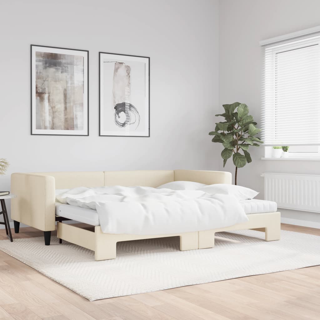 Lit de jour avec gigogne et matelas crème 100x200 cm tissu - XIOS