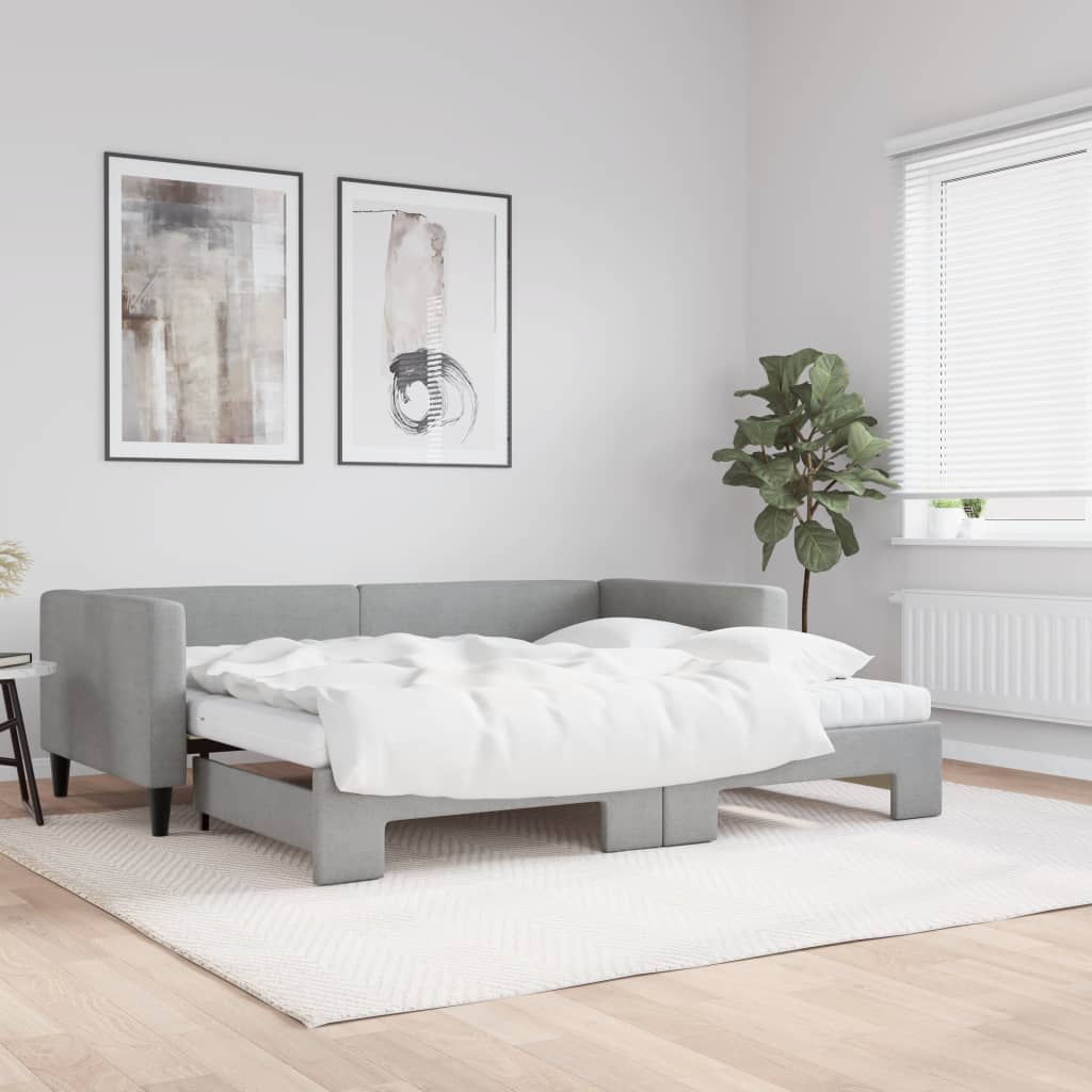 Lit de jour avec gigogne et matelas gris clair 90x190 cm tissu - XIOS