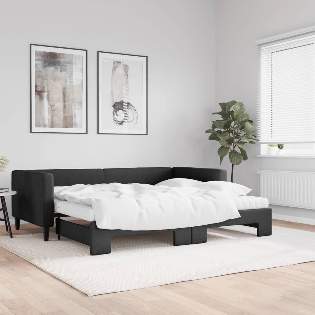 Lit de jour avec gigogne et matelas noir 90x190 cm tissu