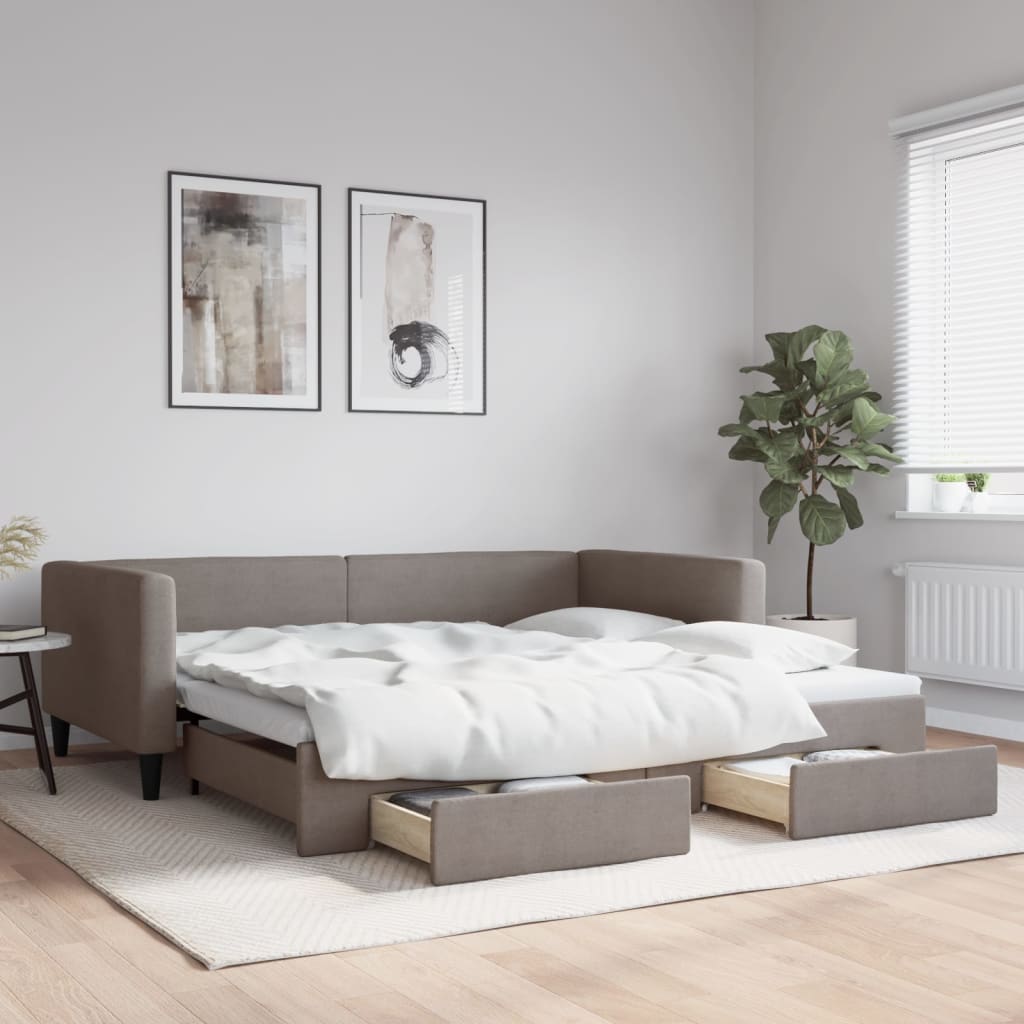 Lit de jour avec gigogne et tiroirs taupe 100x200 cm tissu - XIOS