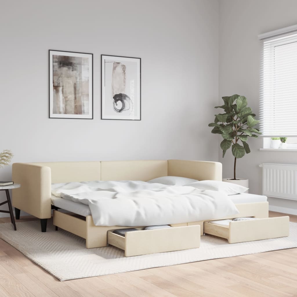 Lit de jour avec gigogne et tiroirs crème 100x200 cm tissu - XIOS