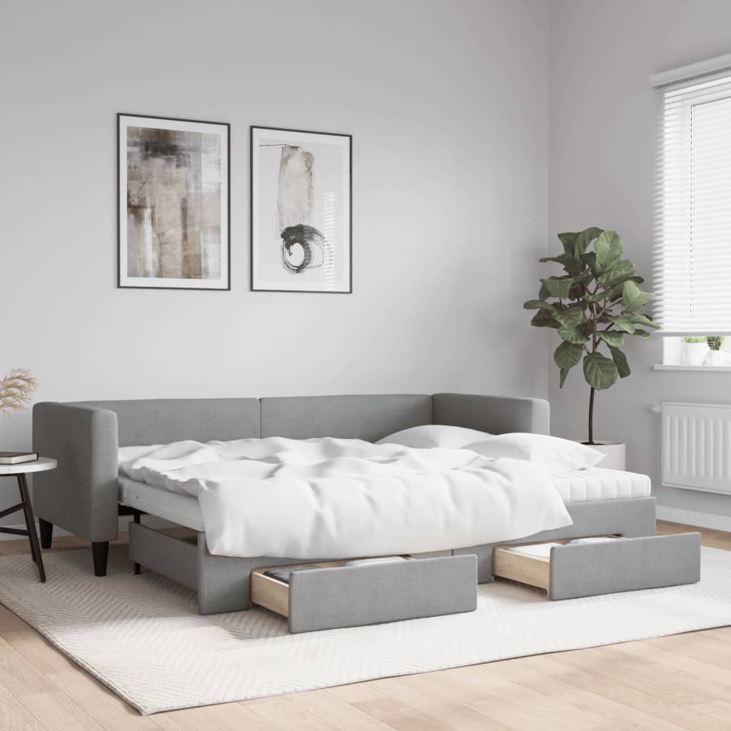 Lit de jour avec gigogne et tiroirs gris clair 80x200 cm tissu