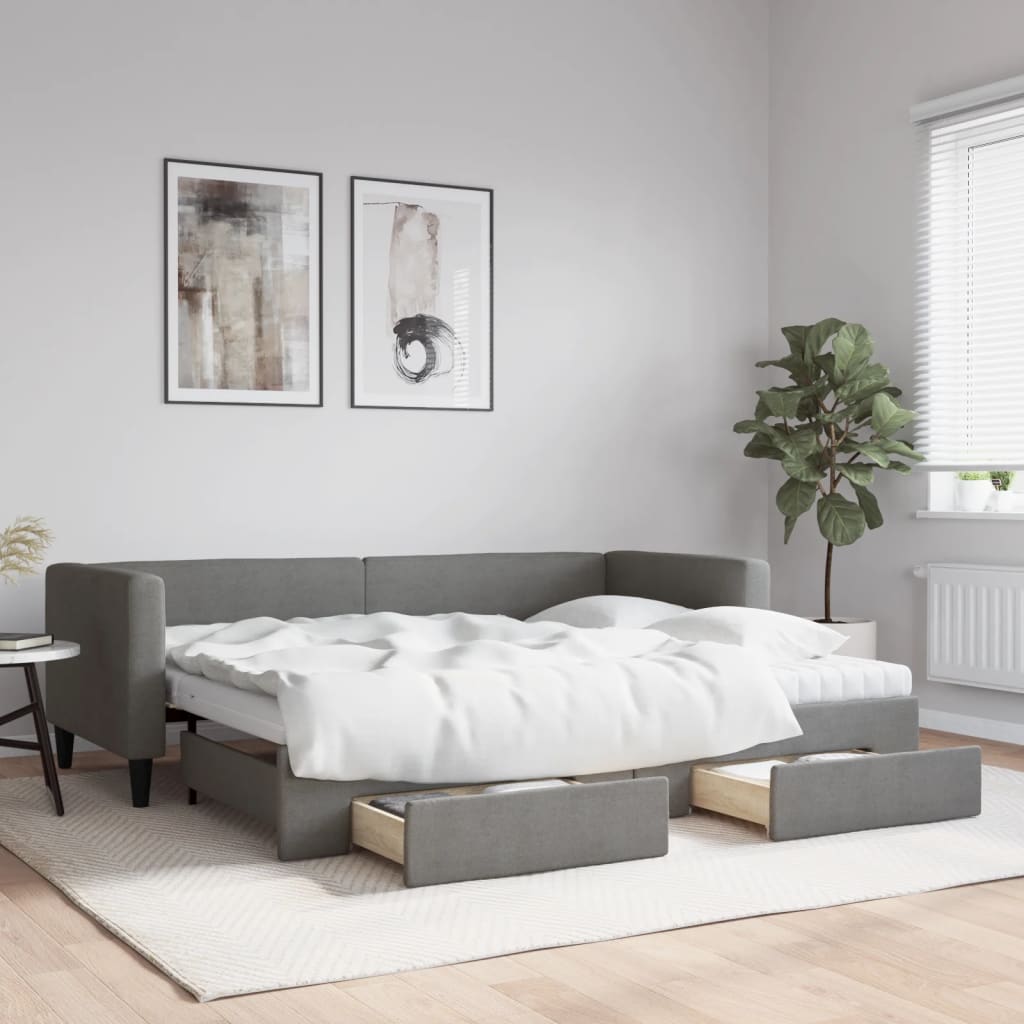 Lit de jour avec gigogne et tiroirs gris foncé 80x200 cm tissu - XIOS