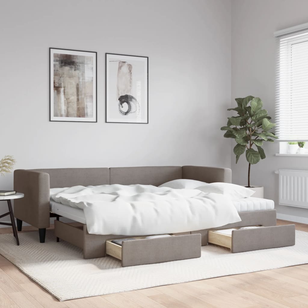 Lit de jour avec gigogne et tiroirs taupe 80x200 cm tissu - XIOS
