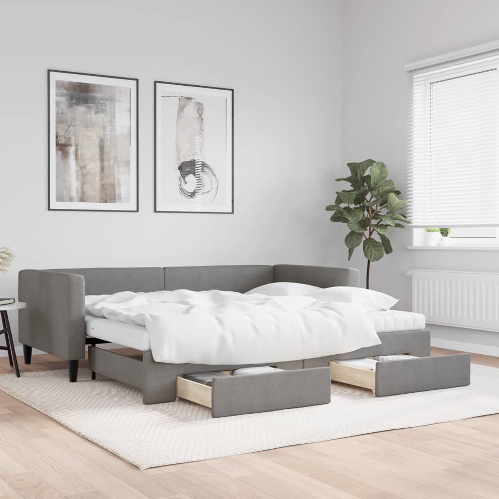 Lit de jour avec gigogne et tiroirs gris foncé 90x200 cm tissu - XIOS