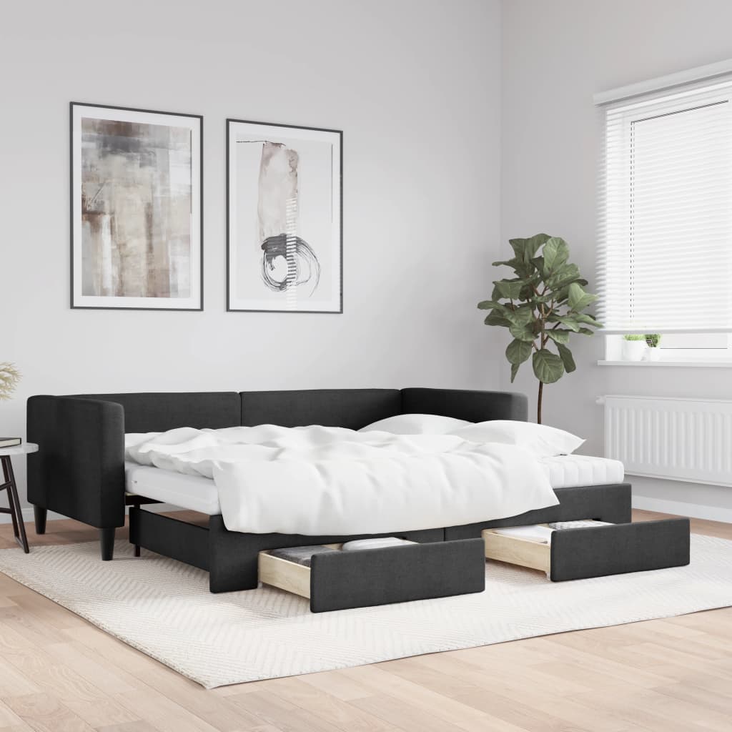 Lit de jour avec gigogne et tiroirs noir 90x200 cm tissu