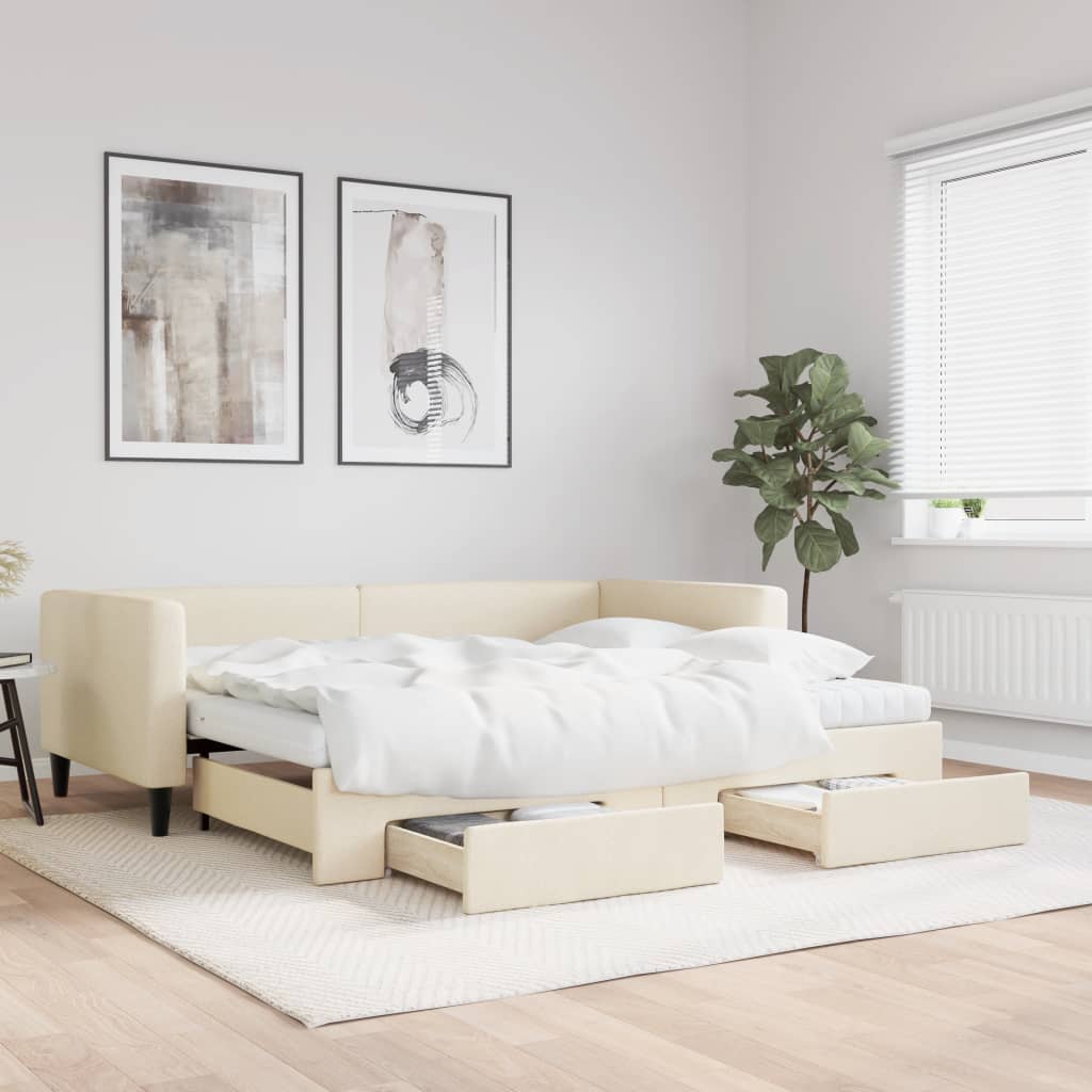 Lit de jour avec gigogne et tiroirs crème 90x200 cm tissu - XIOS