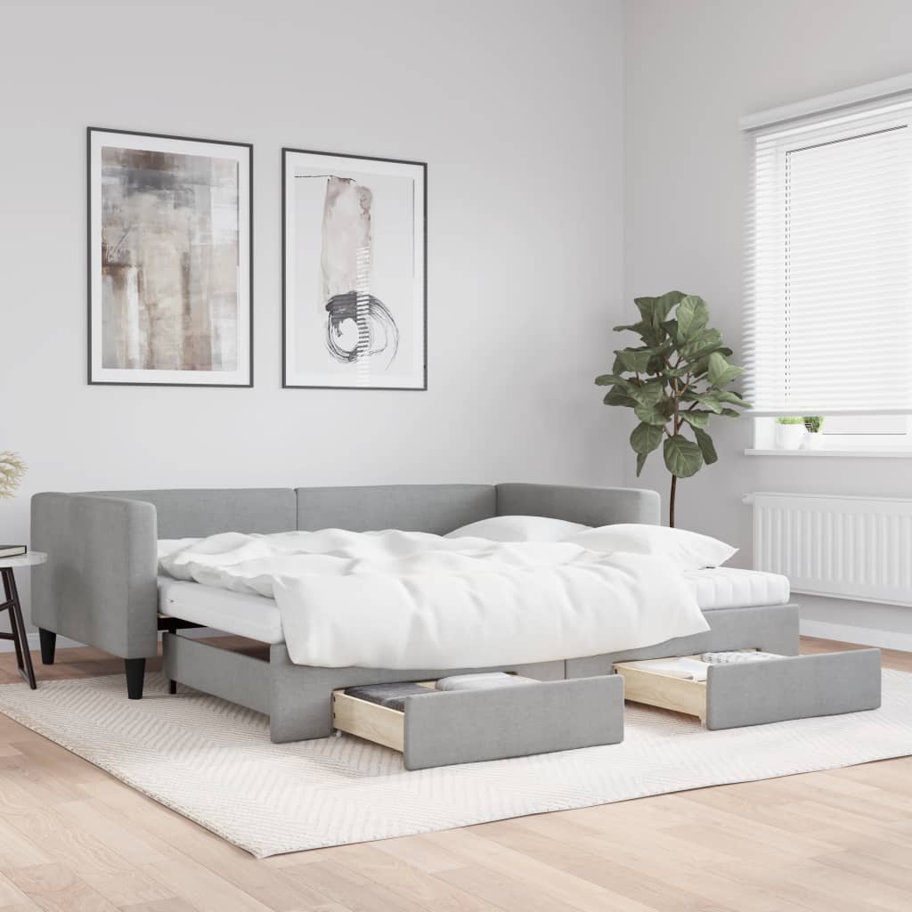 Lit de jour avec gigogne et tiroirs gris clair 100x200 cm tissu - XIOS