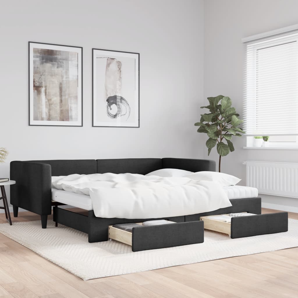 Lit de jour avec gigogne et tiroirs noir 100x200 cm tissu - XIOS