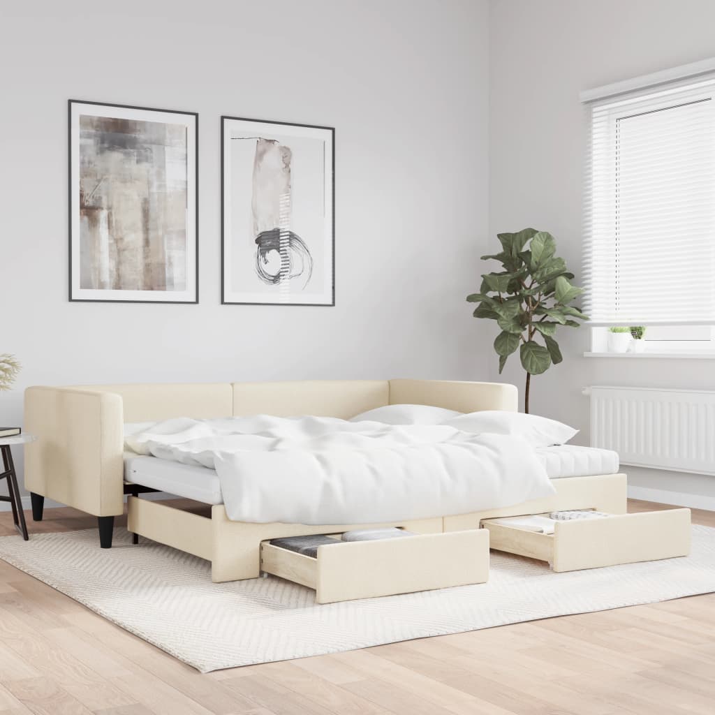 Lit de jour avec gigogne et tiroirs crème 100x200 cm tissu