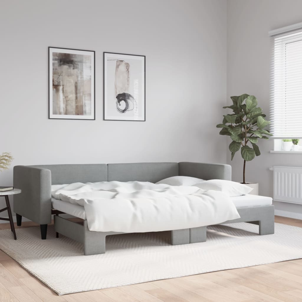 Lit de jour avec lit gigogne gris clair 100x190 cm tissu - XIOS
