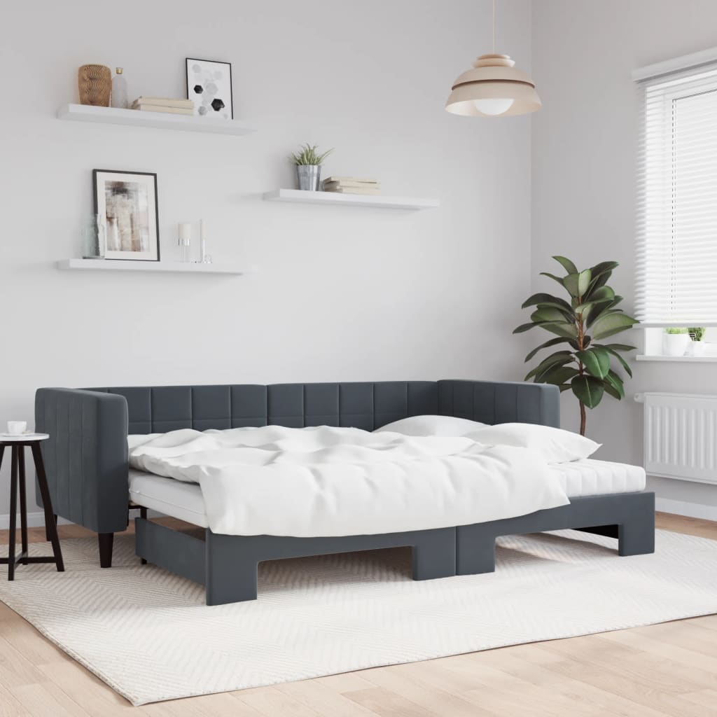 Lit de jour avec gigogne et matelas gris foncé 80x200cm velours - XIOS