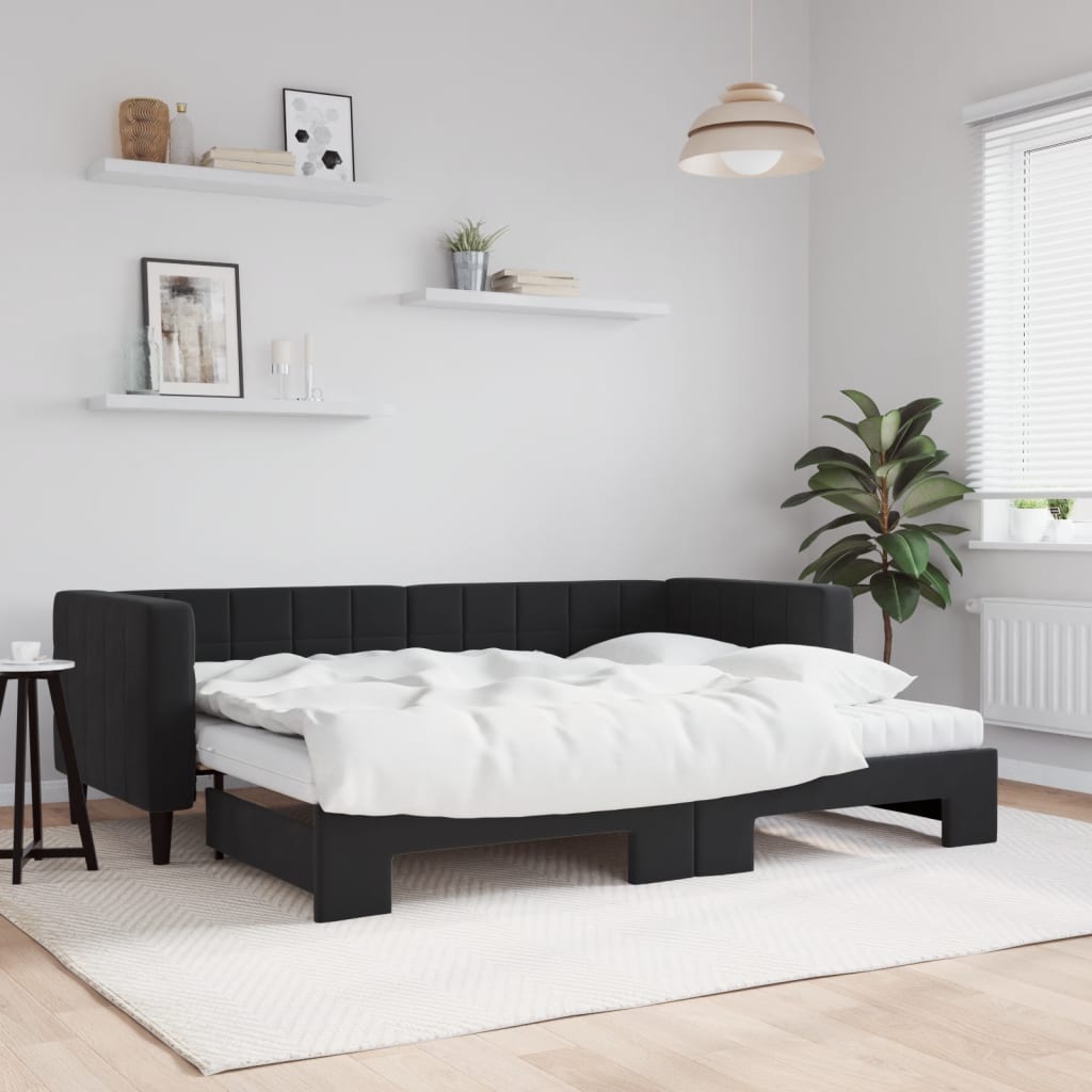 Lit de jour avec lit gigogne et matelas noir 80x200 cm velours - XIOS