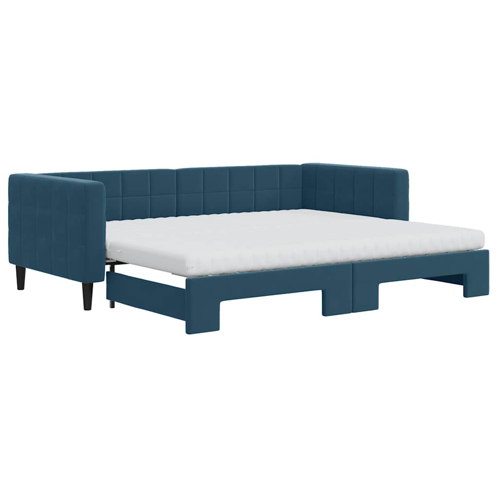 Lit de jour avec lit gigogne et matelas bleu 90x200 cm velours