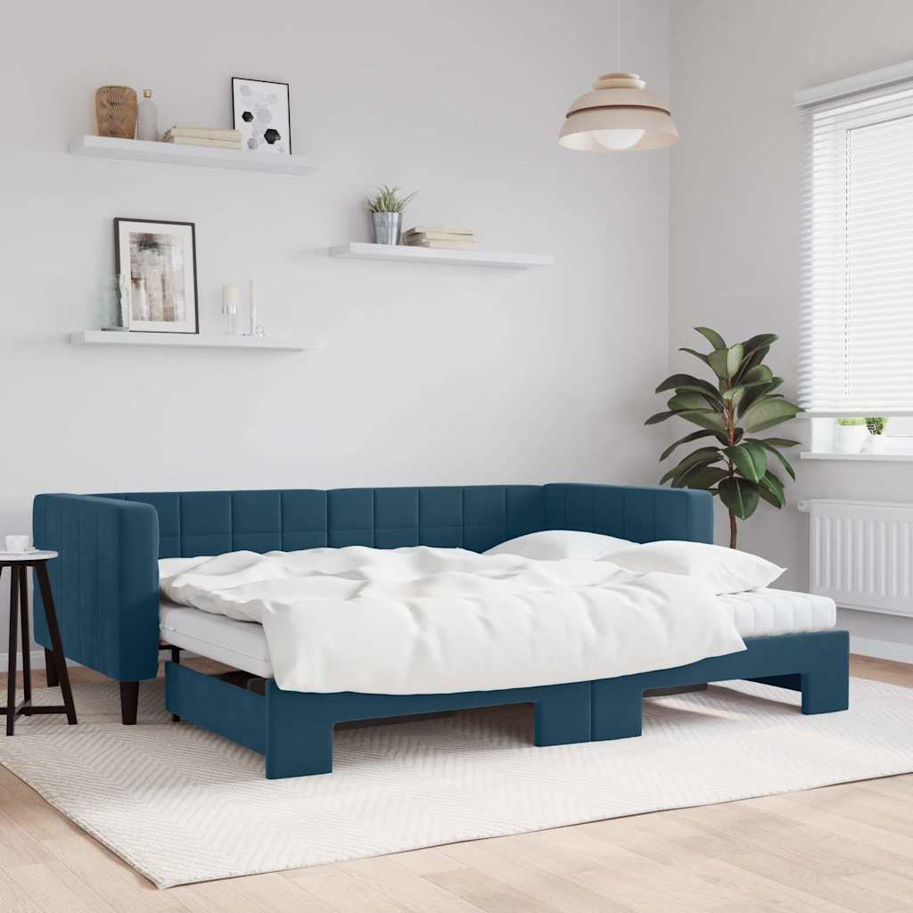 Lit de jour avec lit gigogne et matelas bleu 90x200 cm velours