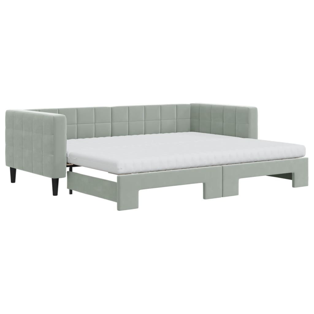 Lit de jour avec gigogne et matelas gris clair 90x200cm velours - XIOS