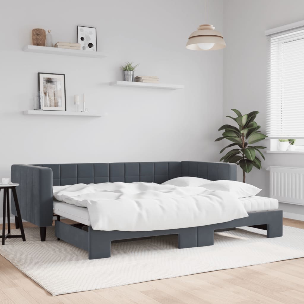 Lit de jour avec gigogne et matelas gris foncé 90x200cm velours - XIOS