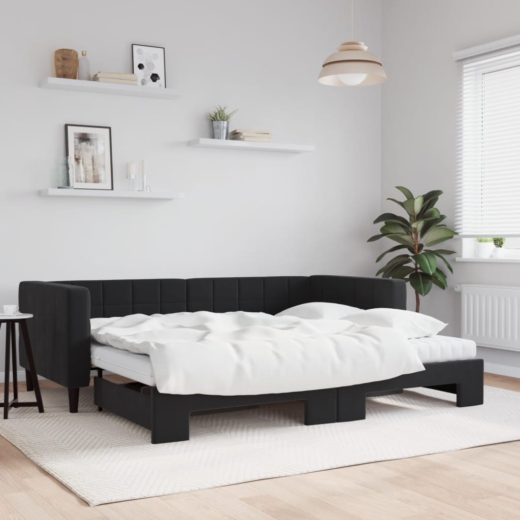 Lit de jour avec gigogne et matelas noir 90x200 cm velours - XIOS