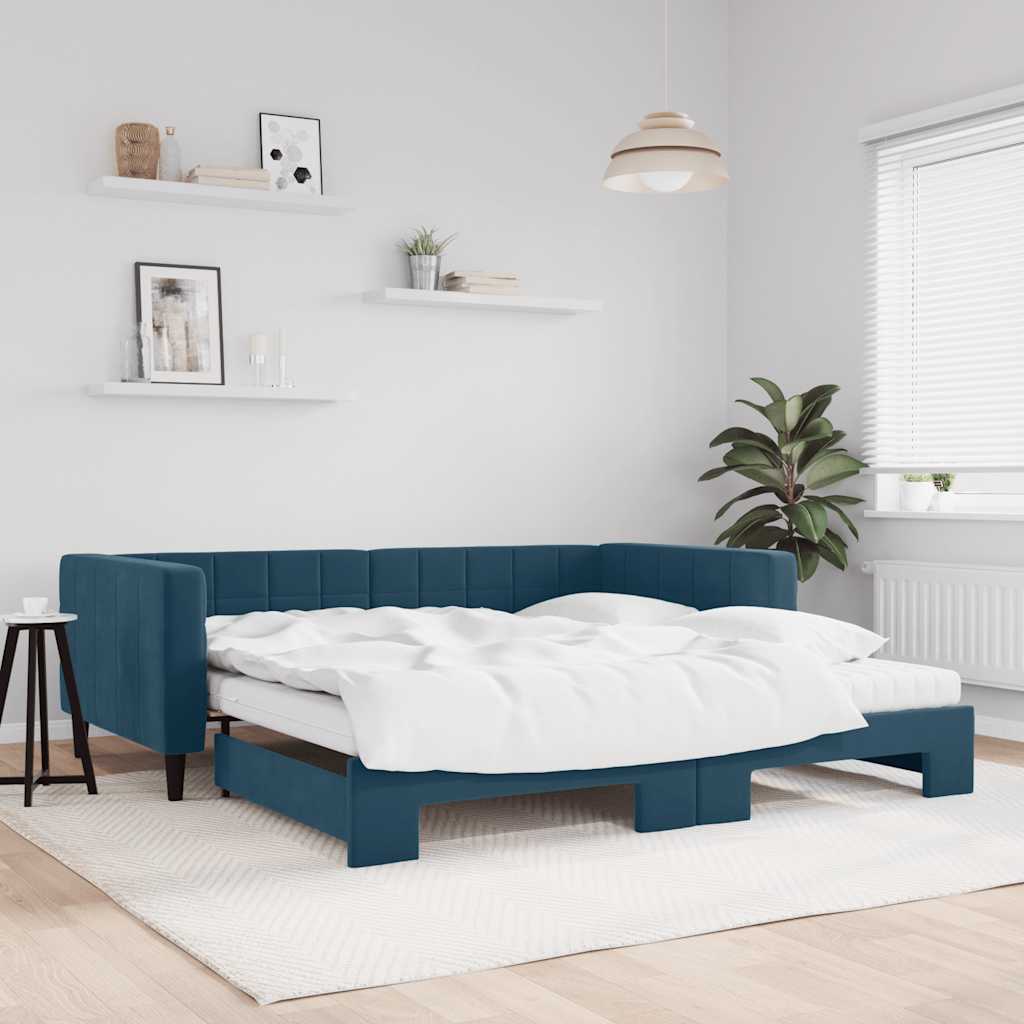 Lit de jour avec lit gigogne et matelas bleu 100x200 cm velours