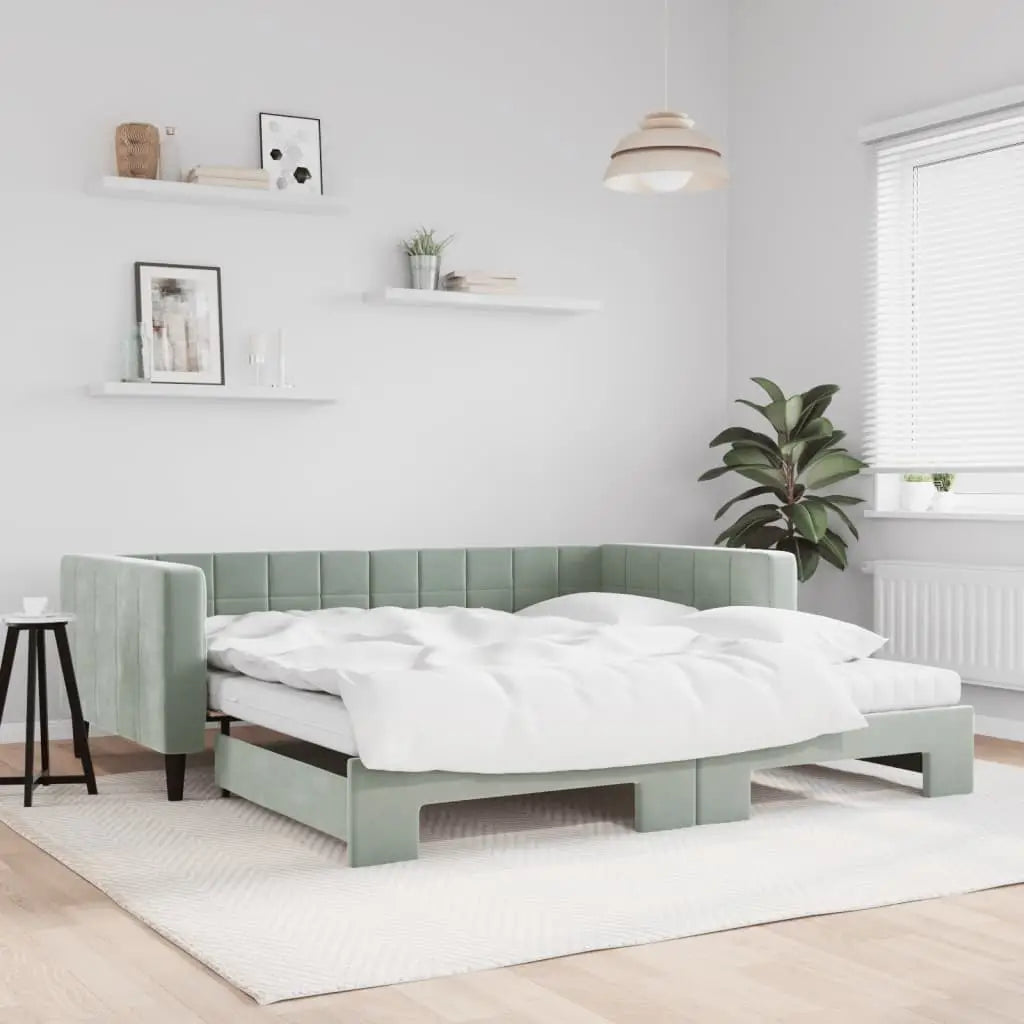 Lit de jour et gigogne et matelas gris clair 100x200 cm velours - XIOS