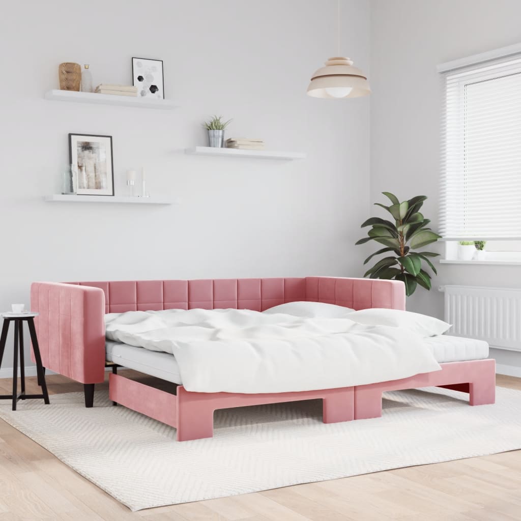 Lit de jour avec lit gigogne et matelas rose 100x200 cm velours - XIOS