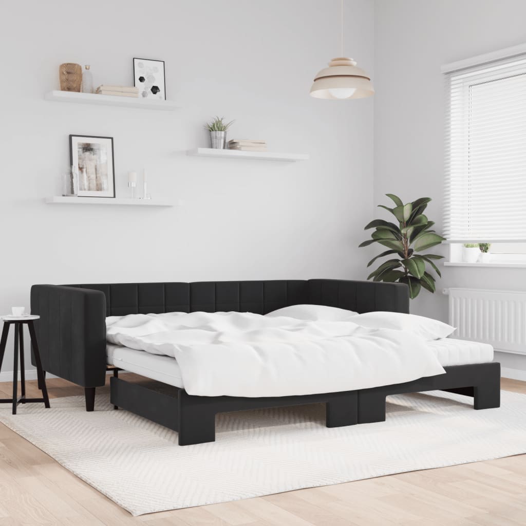 Lit de jour avec lit gigogne et matelas noir 100x200 cm velours - XIOS