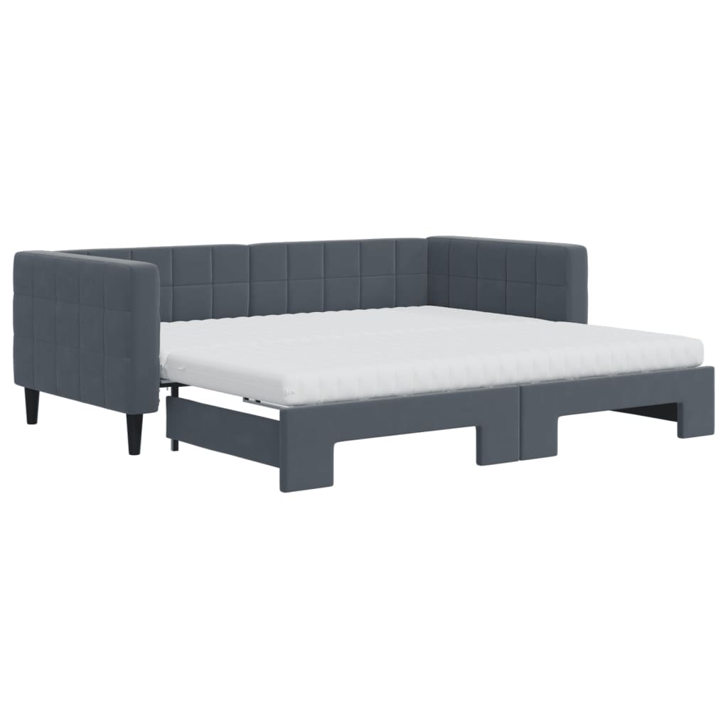Lit de jour avec gigogne et matelas gris foncé 90x190cm velours