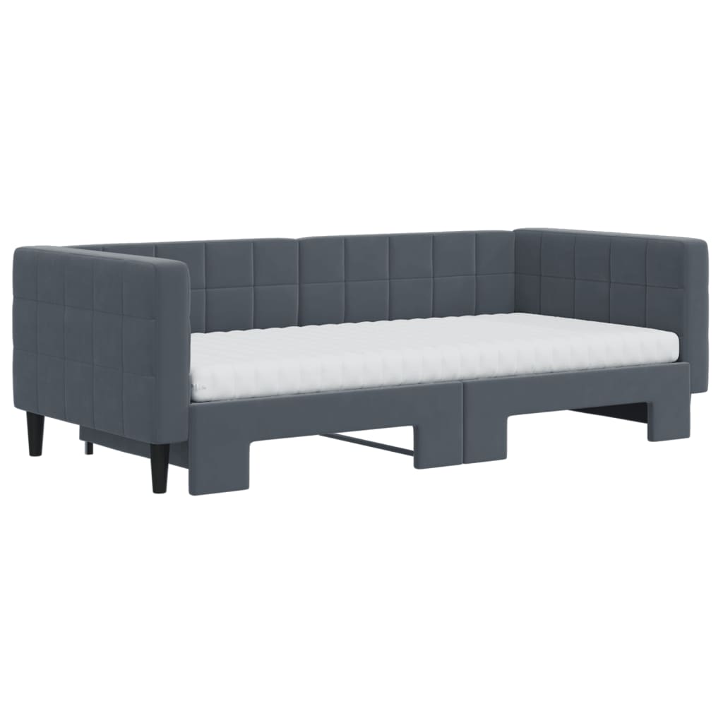 Lit de jour avec gigogne et matelas gris foncé 90x190cm velours