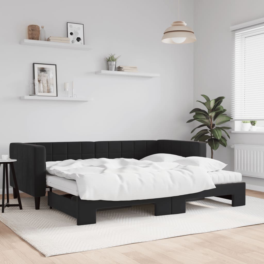 Lit de jour avec gigogne et matelas noir 90x190 cm velours - XIOS