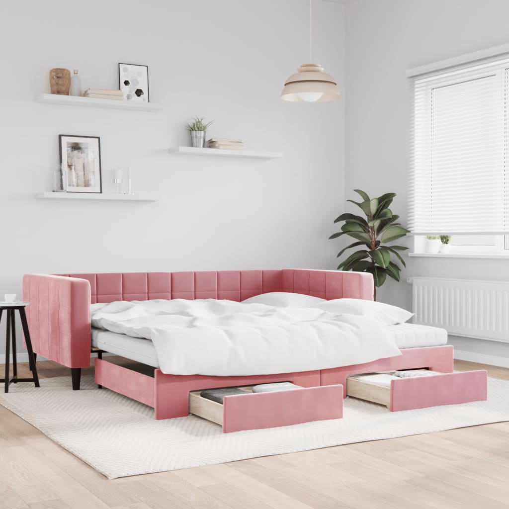 Lit de jour avec gigogne et tiroirs rose 100x200 cm velours - XIOS
