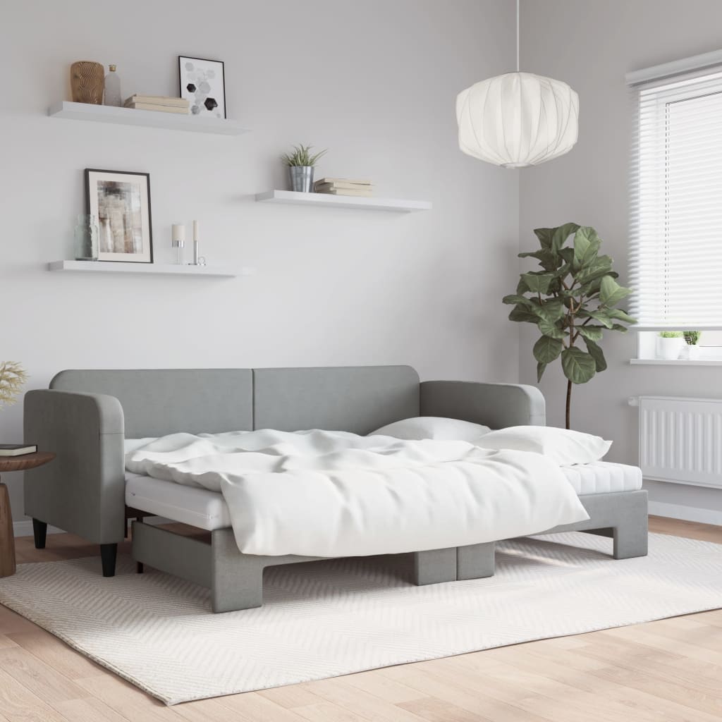 Lit de jour avec gigogne et matelas gris clair 80x200 cm tissu - XIOS