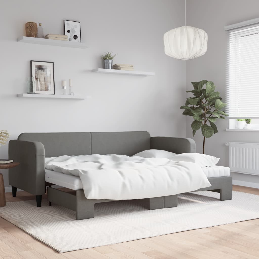 Lit de jour avec gigogne et matelas gris foncé 80x200 cm tissu - XIOS
