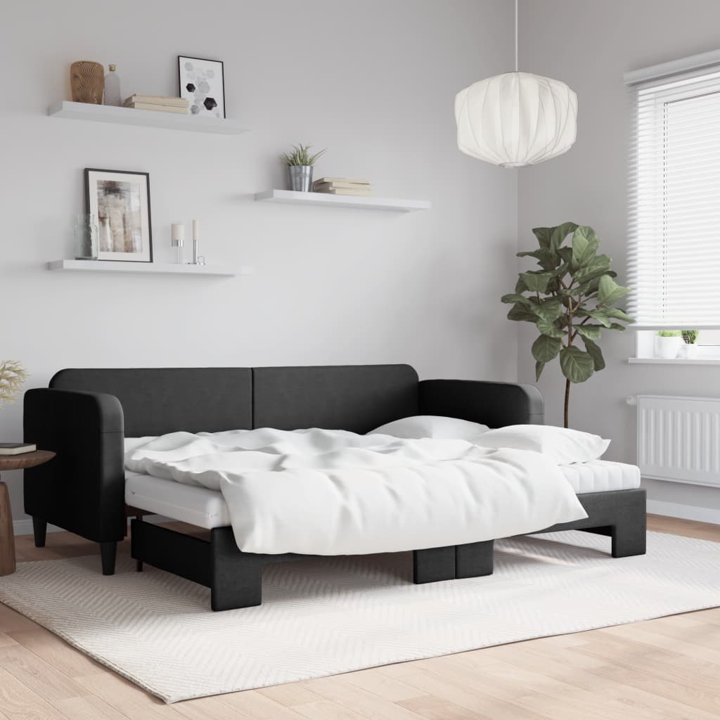 Lit de jour avec lit gigogne et matelas noir 80x200 cm tissu - XIOS