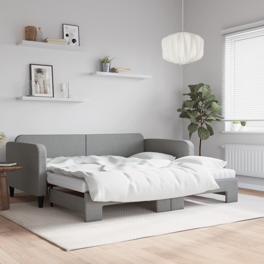 Lit de jour avec gigogne et matelas gris clair 100x200 cm tissu - XIOS