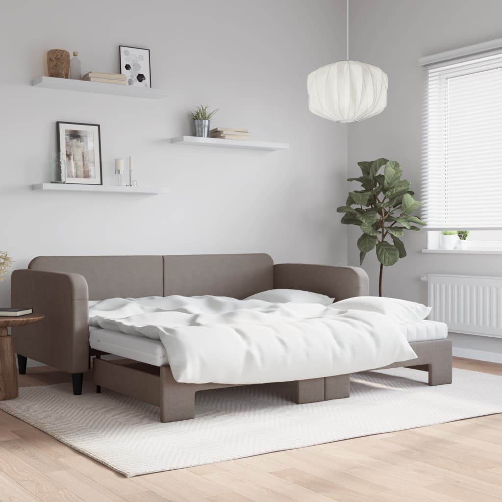 Lit de jour avec gigogne et matelas taupe 100x200 cm tissu