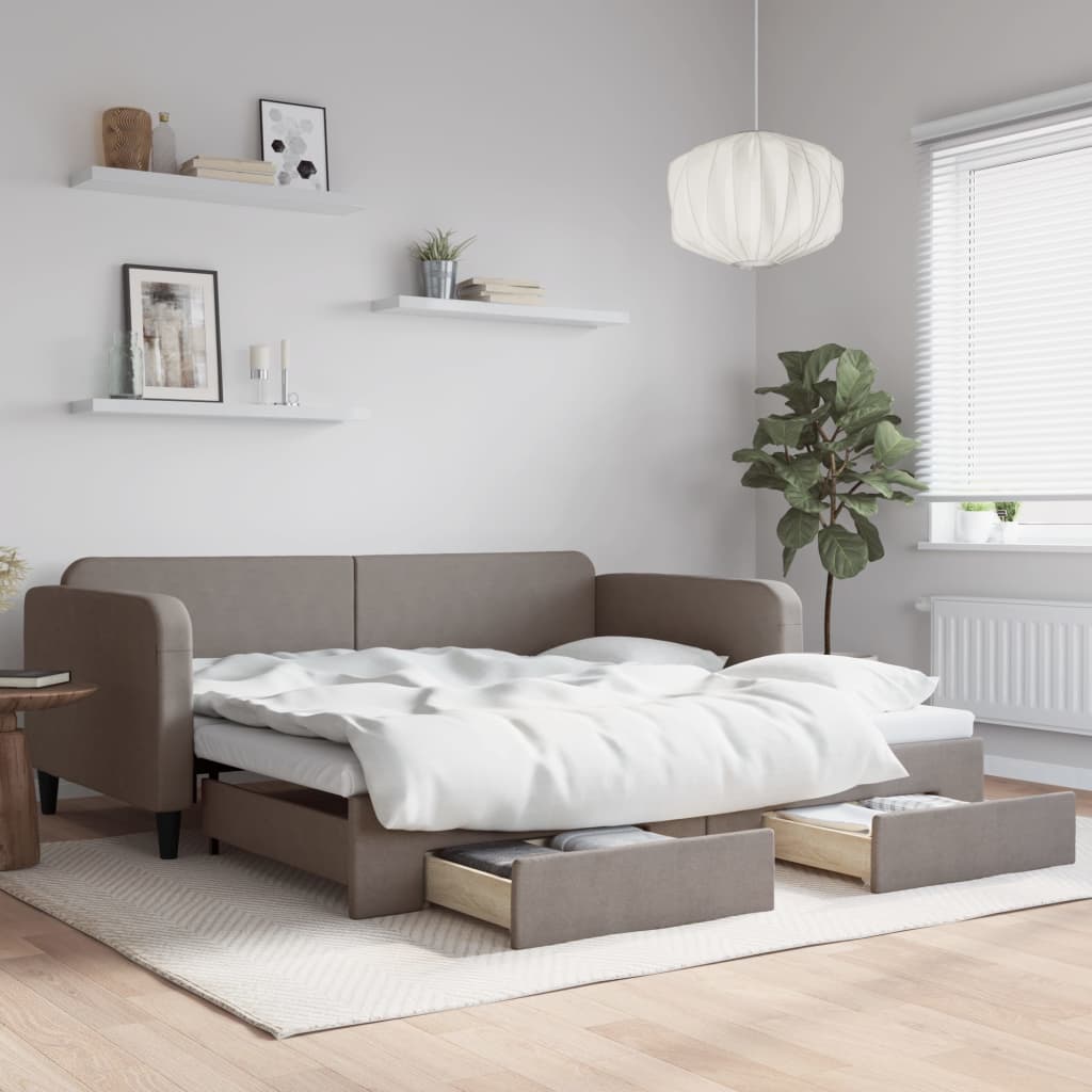Lit de jour avec gigogne et tiroirs taupe 100x200 cm tissu