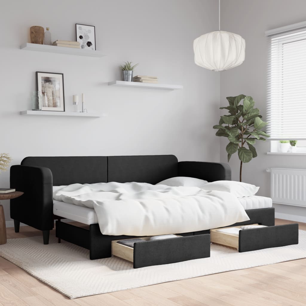 Lit de jour avec gigogne et tiroirs noir 80x200 cm tissu - XIOS