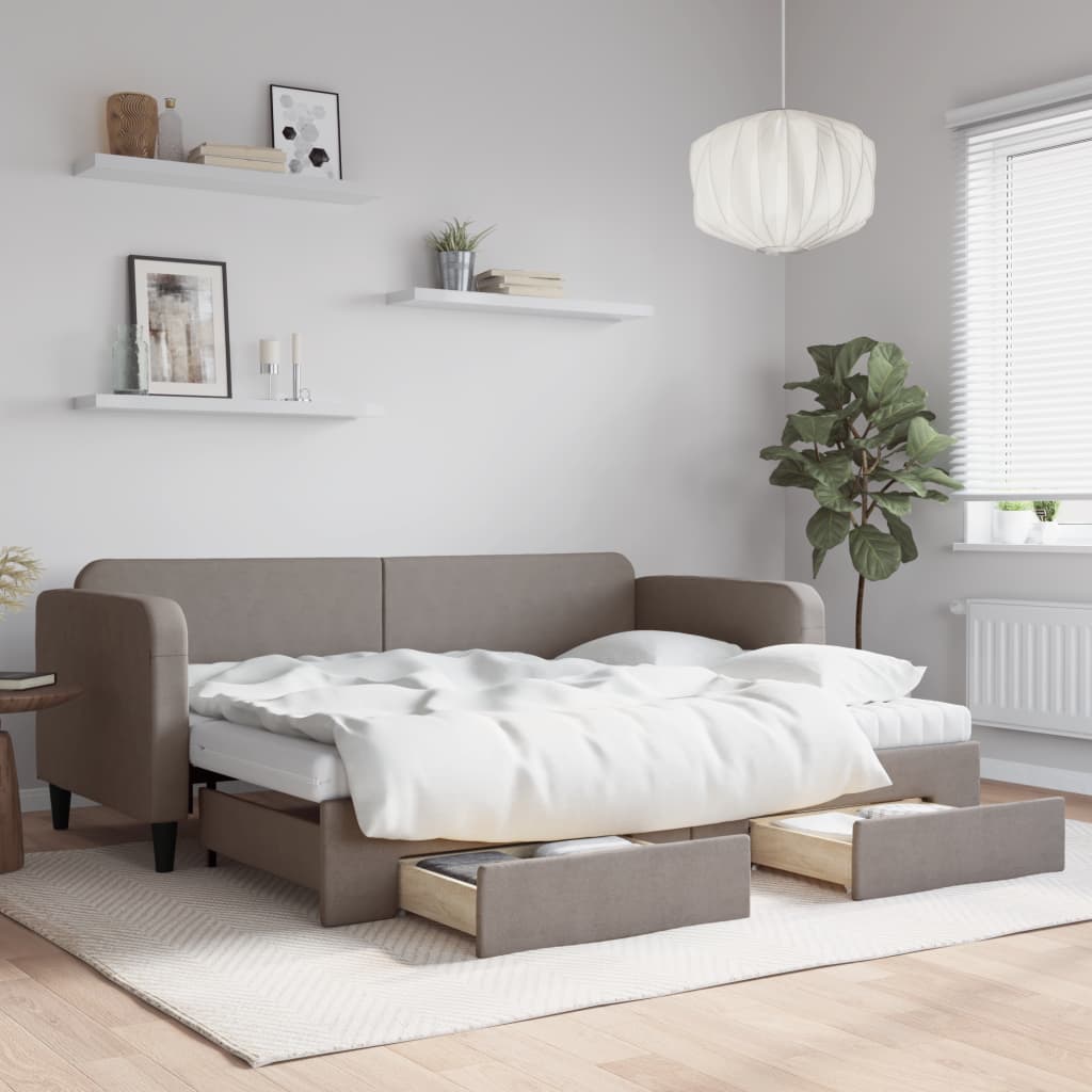 Lit de jour avec gigogne et tiroirs taupe 80x200 cm tissu - XIOS