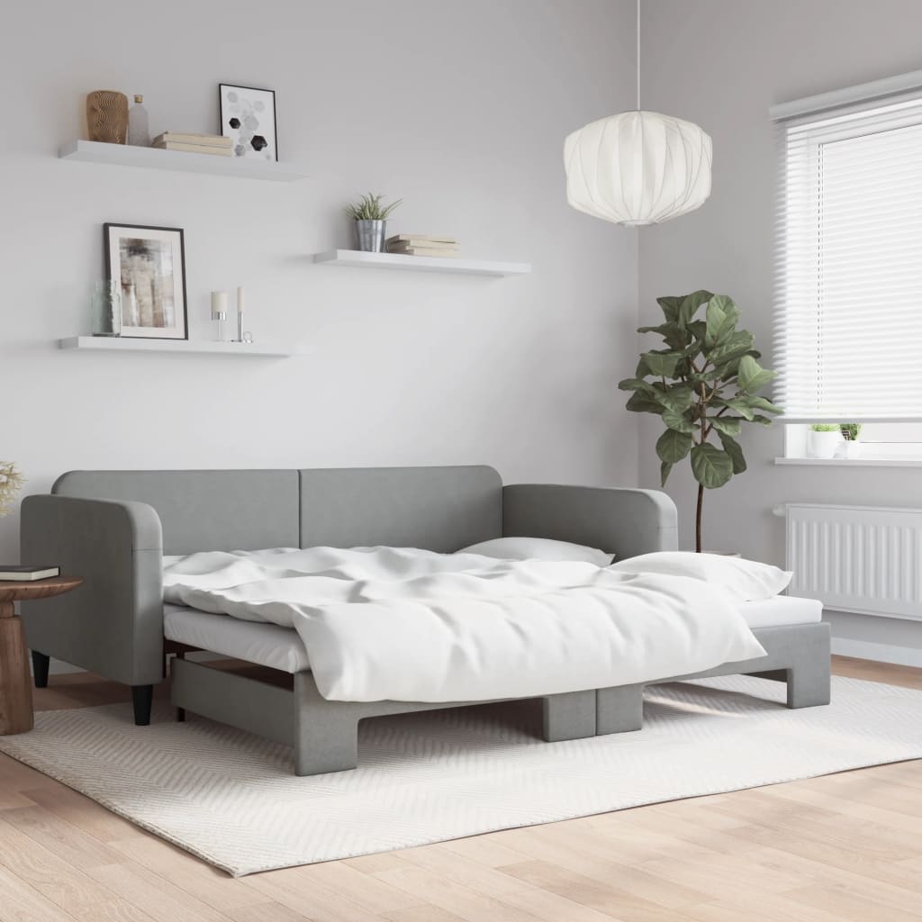 Lit de jour avec lit gigogne gris clair 100x190 cm tissu - XIOS