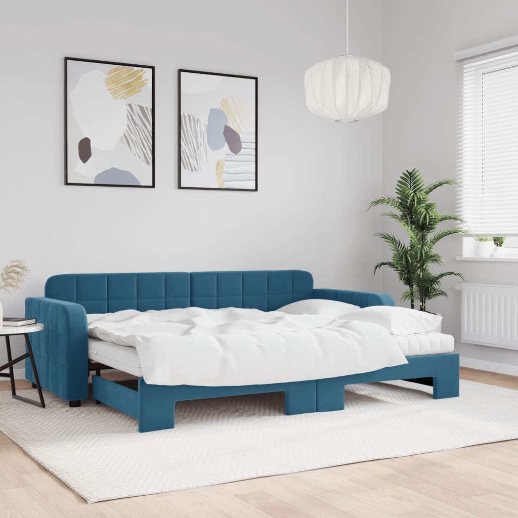 Lit de jour avec lit gigogne et matelas bleu 80x200 cm velours - XIOS